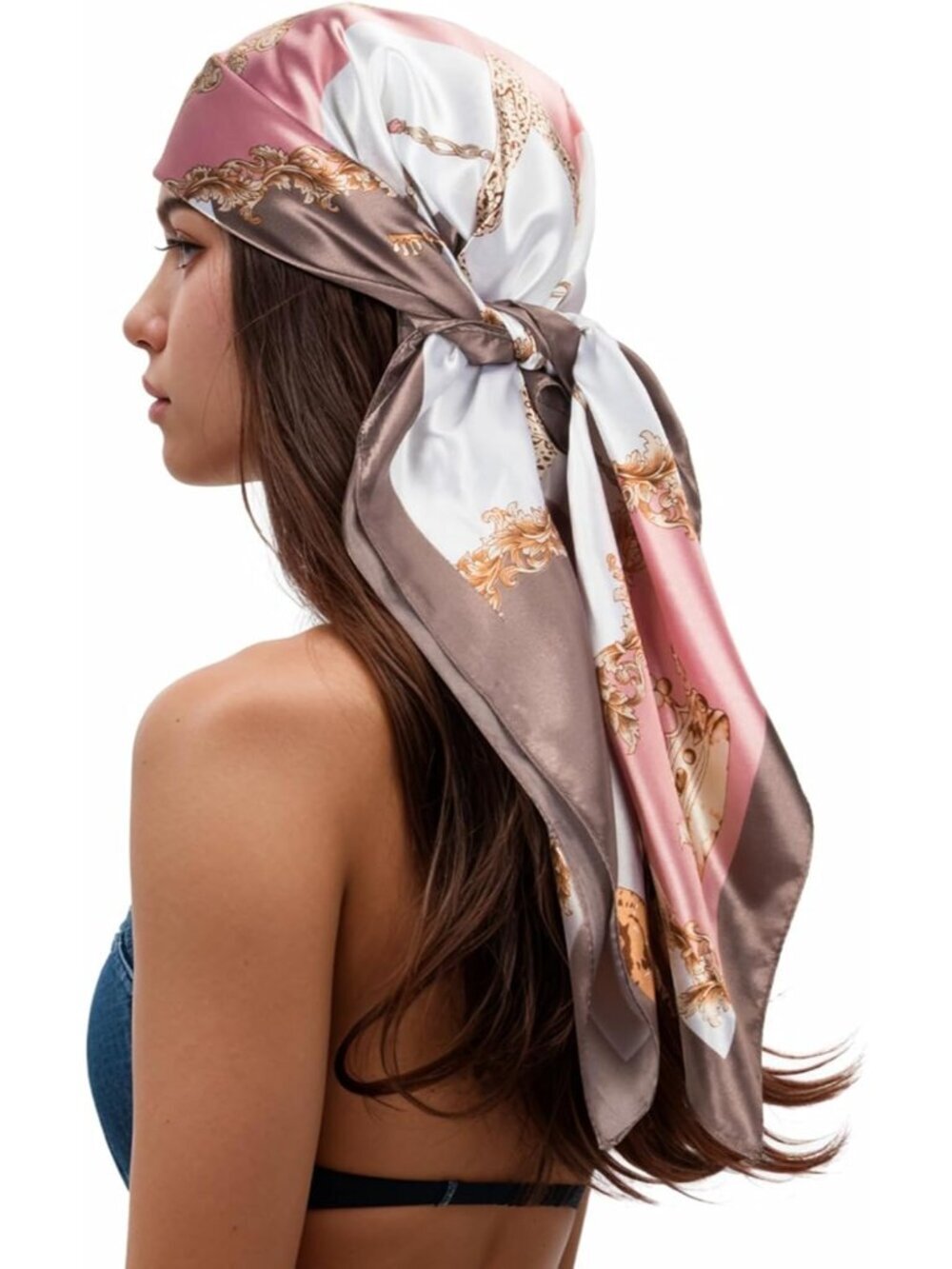 Womens Pink Grey Printed Square Scarf Bandanas Hair Scarf 35 Inches